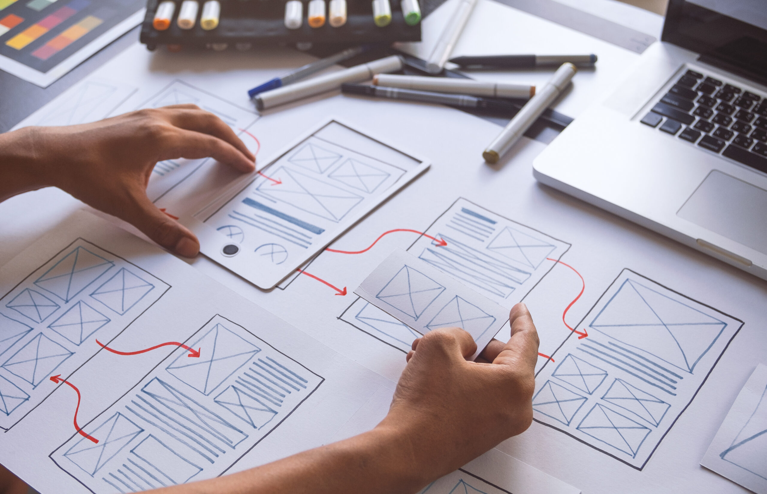 ux Graphic designer creative  sketch planning application process development prototype wireframe for web mobile phone . User experience concept.