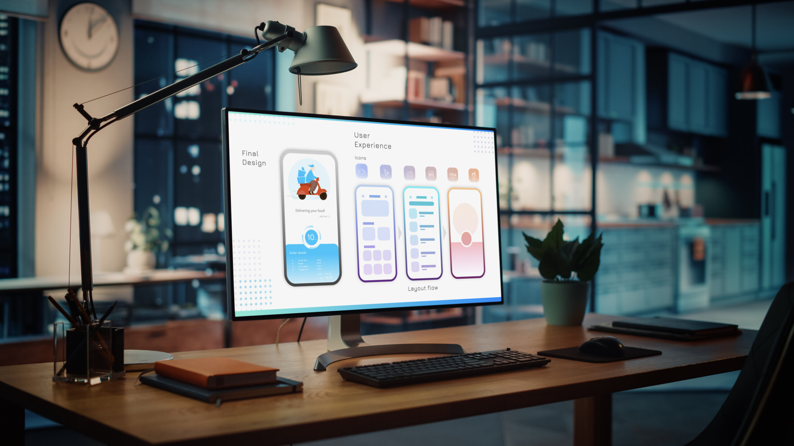 Shot of a Desktop Computer with Food App User Interface Developing Software Standing on the Wooden Desk in the Creative Cozy Living Room. In the Background Warm Evening Lighting and Open Space Studio.